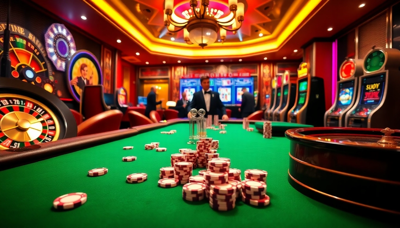 Experience the thrill of online gambling with link go8 at a luxurious casino table featuring slot machines and poker chips.