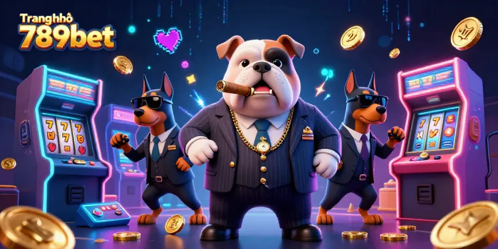 Play exciting games with Trang chủ 789bet featuring a mafia boss bulldog and guarding Dobermans in vibrant casino atmosphere.