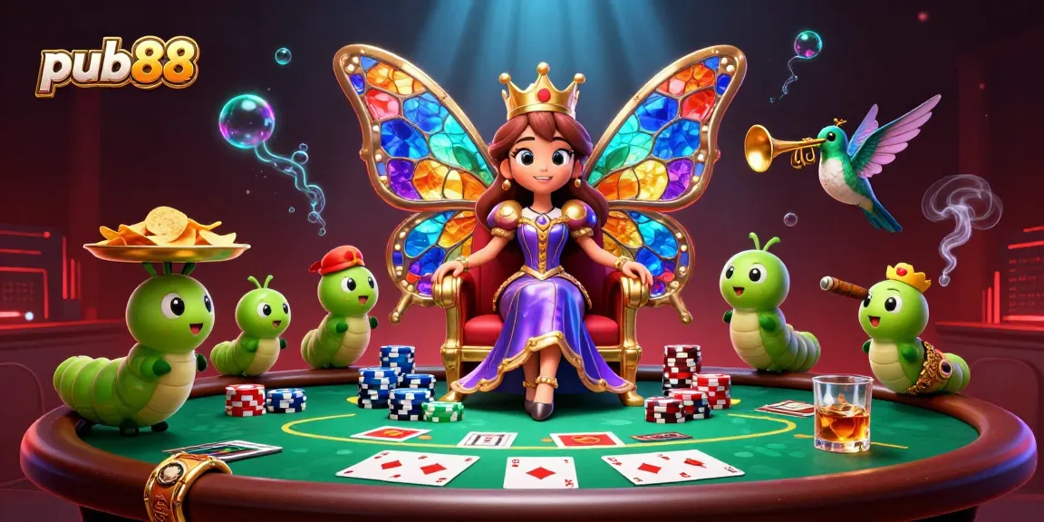 Play poker with pub88's vibrant characters and dynamic game elements in an artistic 3D scene.
