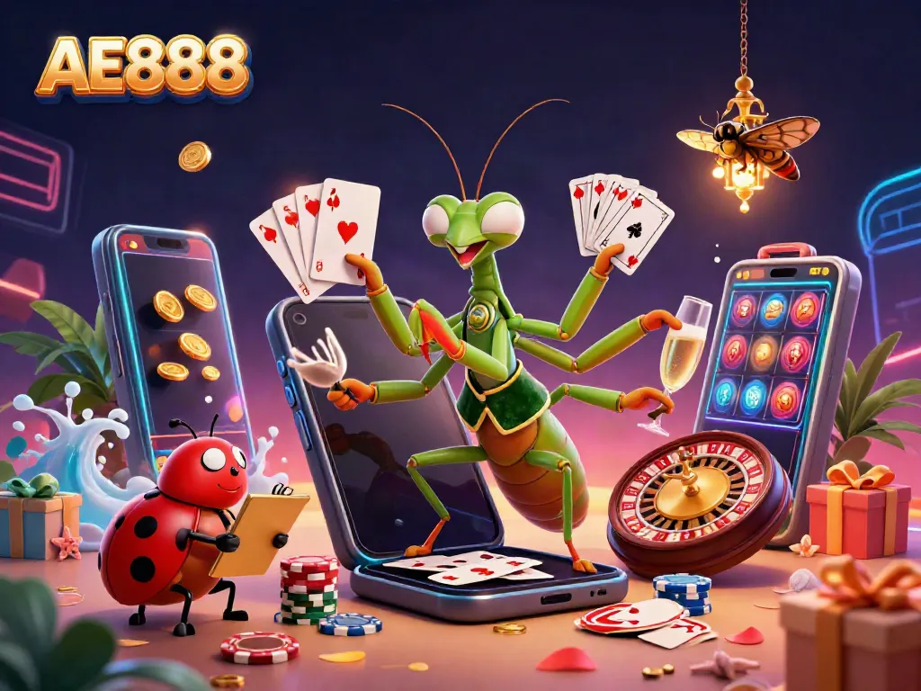 Engaging AE888 casino scene with cartoon mantis, ladybug pit boss, and dynamic game elements.