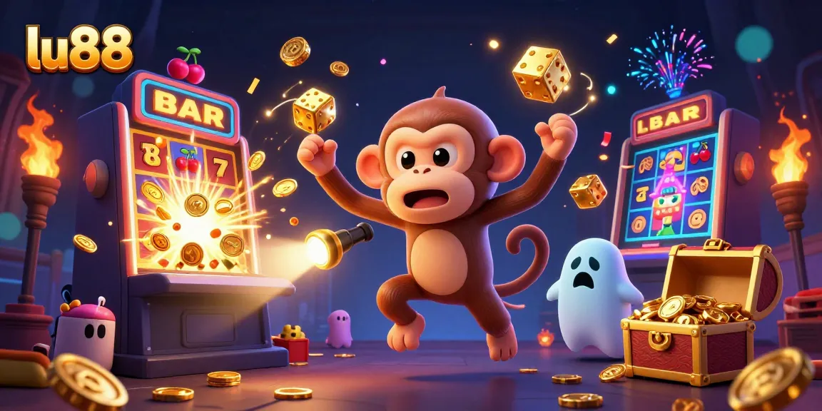 Experience the excitement of lu88 as golden coins and slot symbols burst in a lively casino scene.