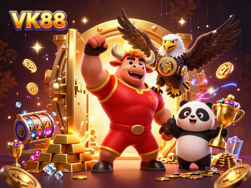 Engage with VK88's vibrant triumph scene showcasing a bull mascot, eagle champion, and trophy panda at a lively casino.