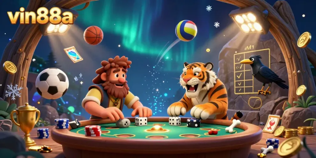 Experience the excitement of vin88a's prehistoric casino with dynamic sports elements and vibrant characters.