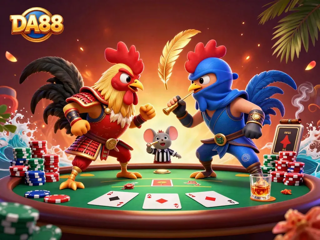 Engage with thrilling poker action featuring DA88's dual rooster showdown in a vibrant casino atmosphere.