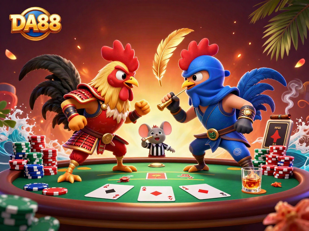 Engage with thrilling poker action featuring DA88's dual rooster showdown in a vibrant casino atmosphere.