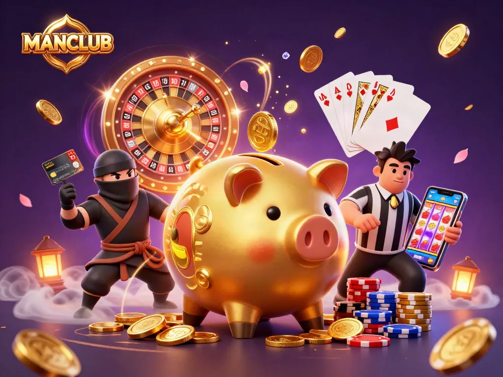 Grab winnings at MANCLUB with a lively casino illustration featuring energetic characters and dynamic game elements.