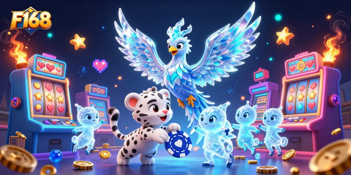 Engage with F168's vibrant 3D casino scene featuring an ice phoenix and glowing sprites amidst thrilling gaming elements.