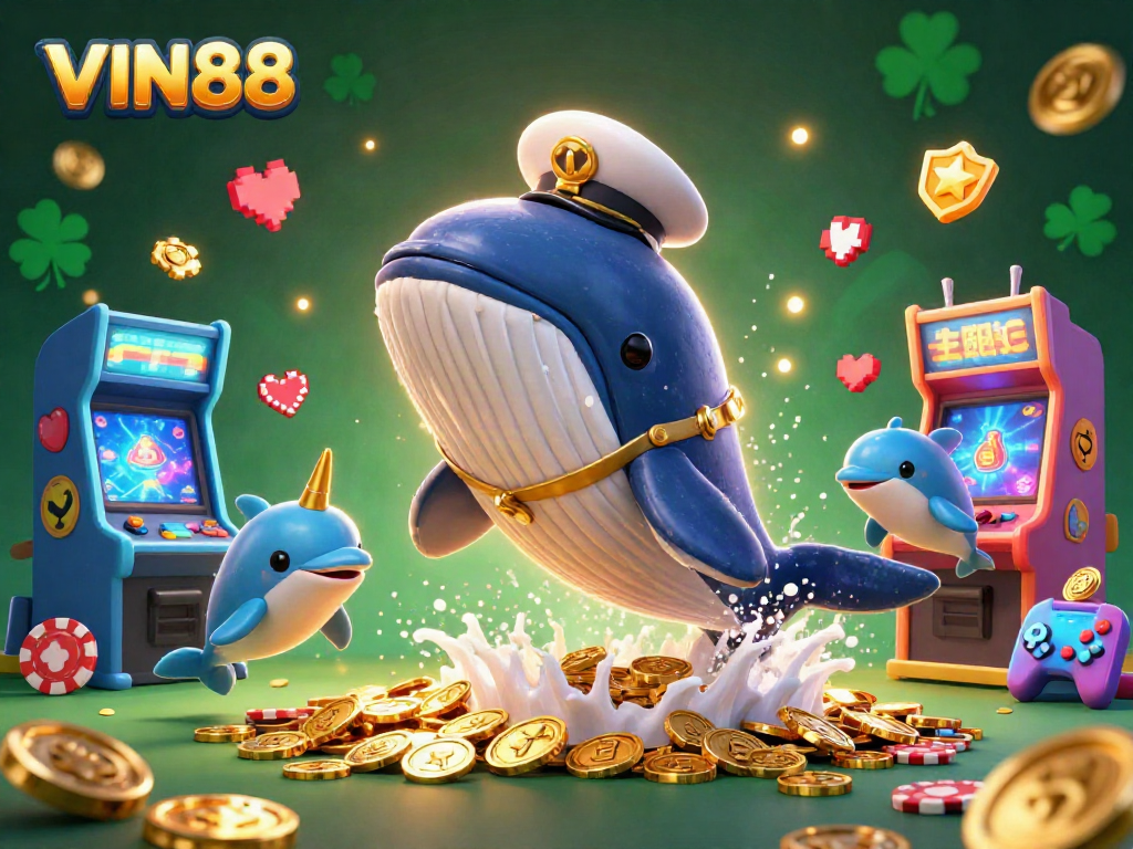 Engage in thrilling casino play with VIN88 as a whale breaches through coins, showcasing exciting game elements.