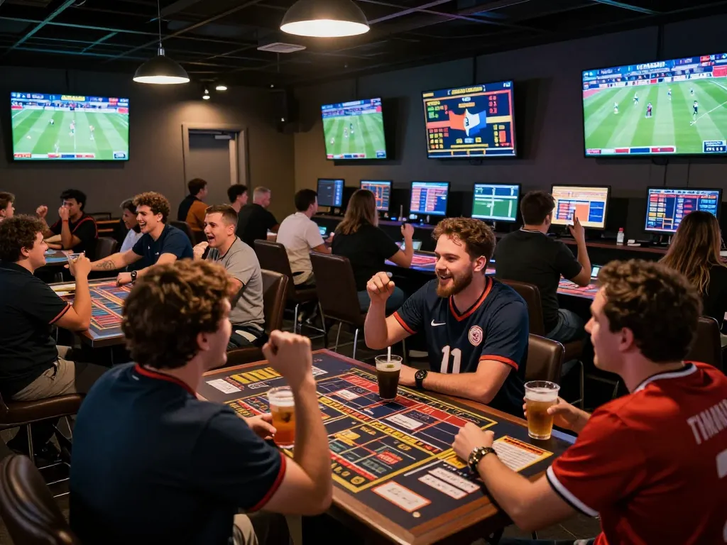 SIN88 bettors cheering for their favorite teams while placing bets in a lively sports lounge