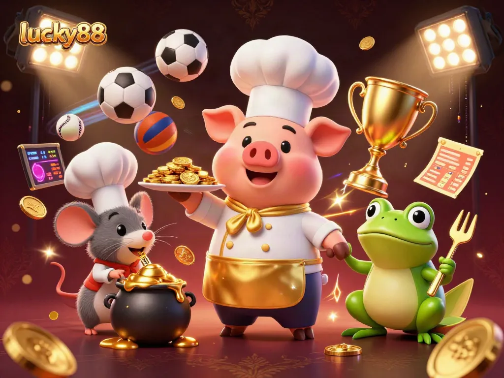 Experience big wins at lucky88 as a chef pig serves golden coins with excitement in a lively casino!