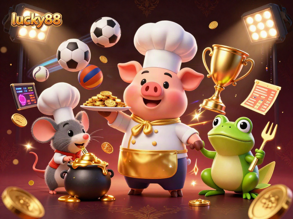 Experience big wins at lucky88 as a chef pig serves golden coins with excitement in a lively casino!