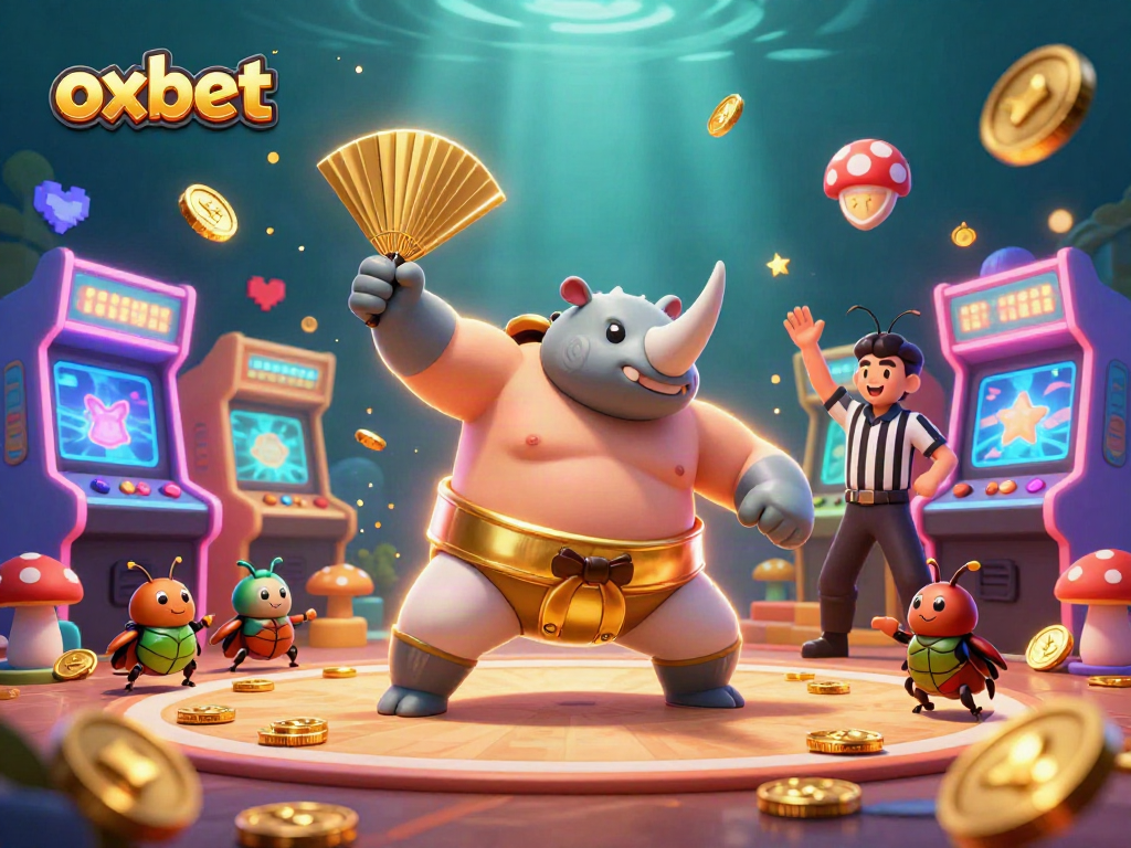Experience the excitement of oxbet with a dynamic 3D illustration featuring a beetle sumo champion and vibrant casino games, showcasing thrilling gameplay.