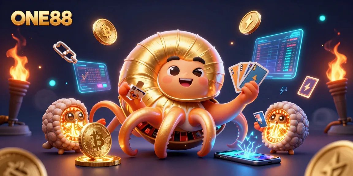 ONE88 immersive casino scene showcasing a giant nautilus roulette wheel alongside vibrant crypto elements.