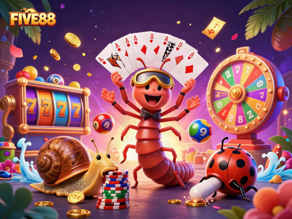 Experience the thrill at FIVE88 with a lively casino scene featuring vibrant slot reels and a dynamic dealer.