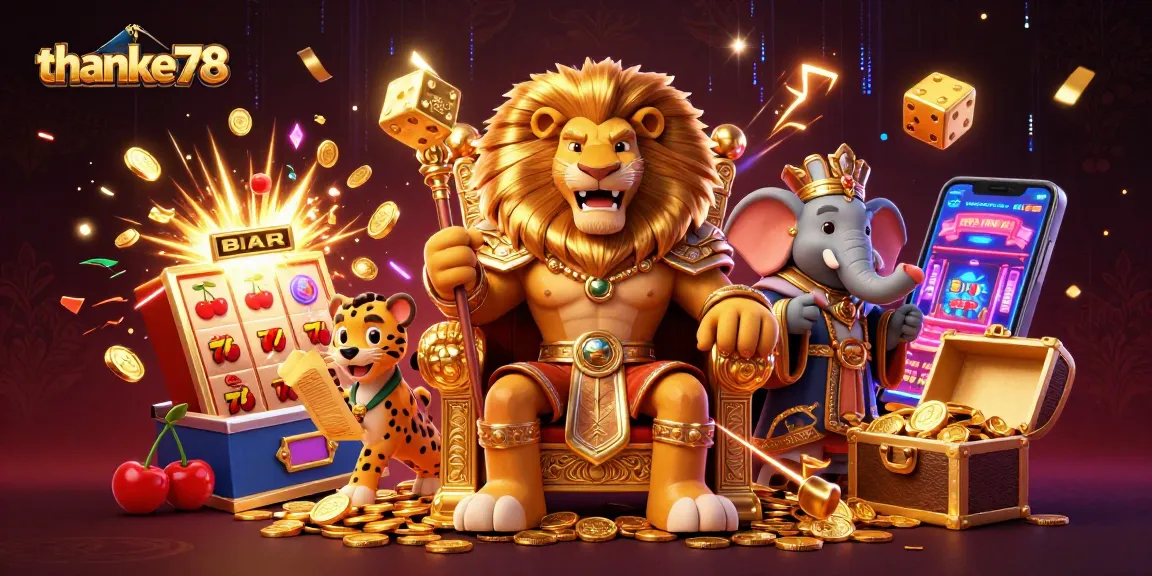 Enjoy excitement at thanke78 with a fierce lion king, dynamic slot machines, and colorful casino elements.