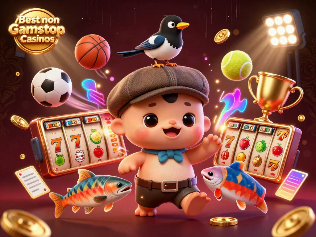 Experience the fun in the Best non Gamstop Casinos with playful characters surrounded by dynamic game elements.