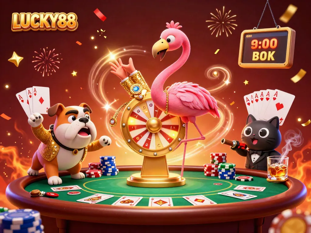 Experience LUCKY88 excitement with a game show host flamingo and bulldog contestant in a vibrant casino scene.