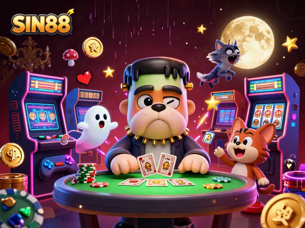 SIN88 engaging players at a spooky table with a Frankenstein bulldog, showcasing vibrant casino elements.