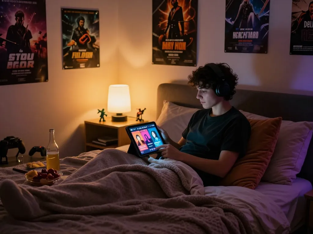 Cozy bedroom scene showcasing a person engaging in free porn games on a tablet with warm ambient lighting.
