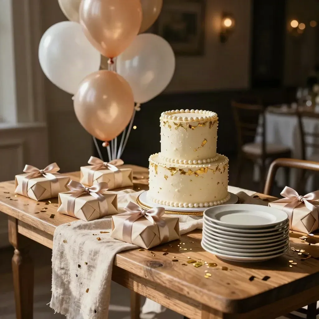 Birthday dessert table with cake, balloons, favors, and confetti in a warm venue