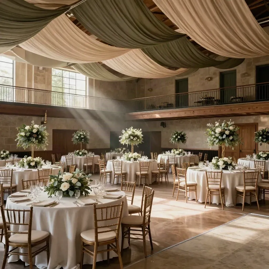 Dramatic venue-styled reception room with draped ceiling fabric, round tables and florals.