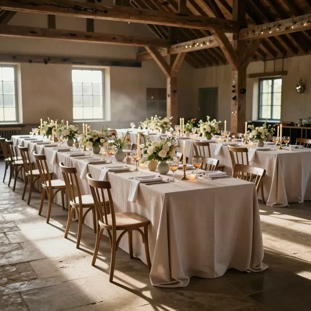 Empty Kent barn wedding reception with long blush tables, candles and meadow flowers in warm light.