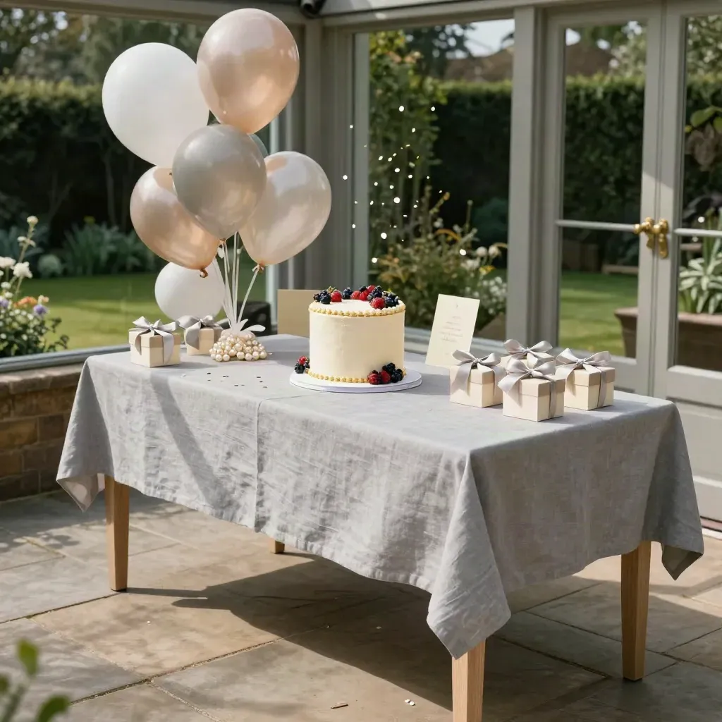Spotless Surrey garden-room birthday table with cake, balloons, favour boxes and confetti