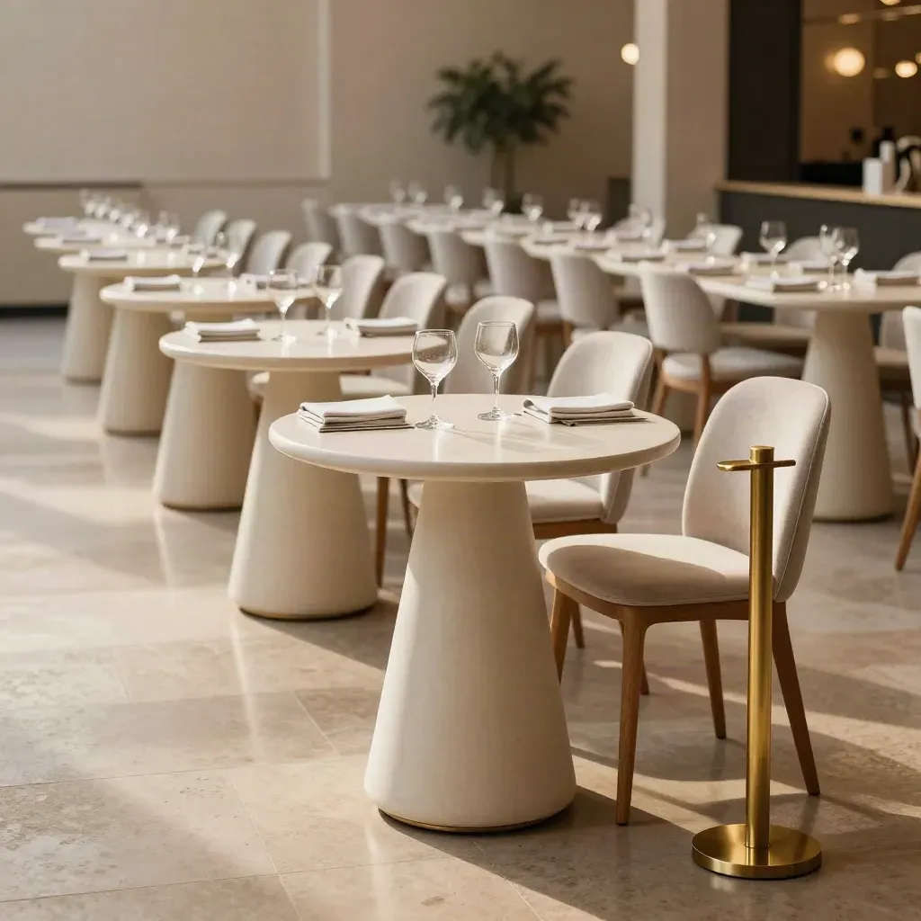 Empty Bristol launch venue with ivory plinths, aligned chairs and glassware in warm daylight
