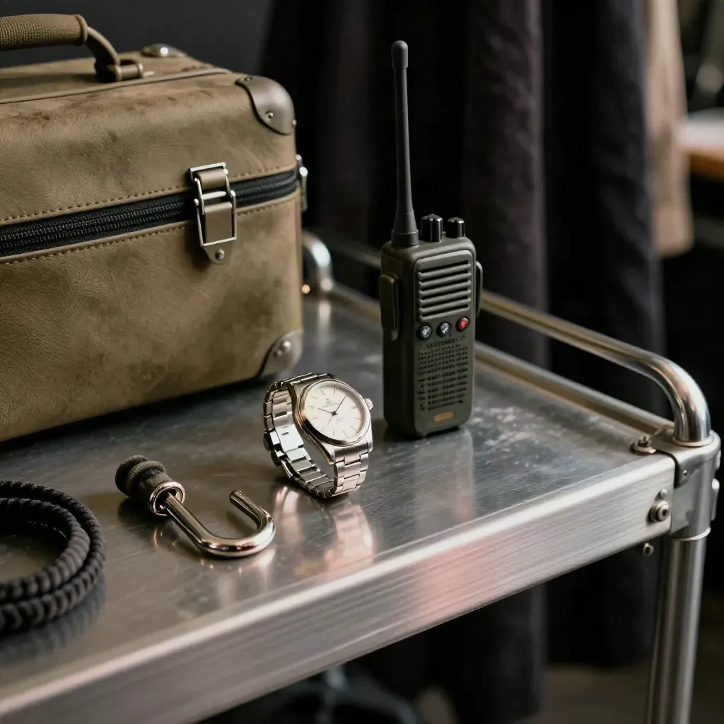 Event kit on brushed metal: radio, watch, rope hook and coiled lanyard