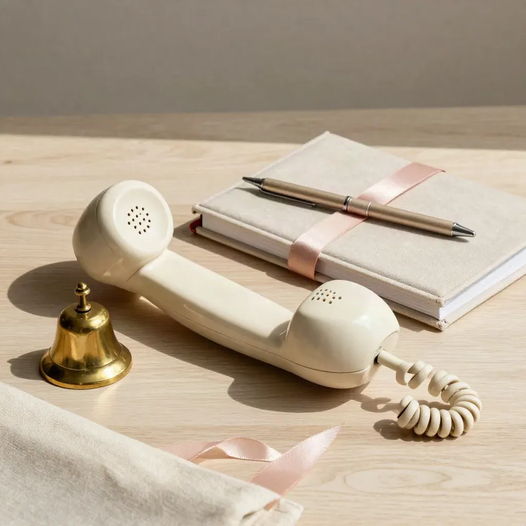 Cream handset, brass bell, ribbon samples and a closed diary on pale wood.