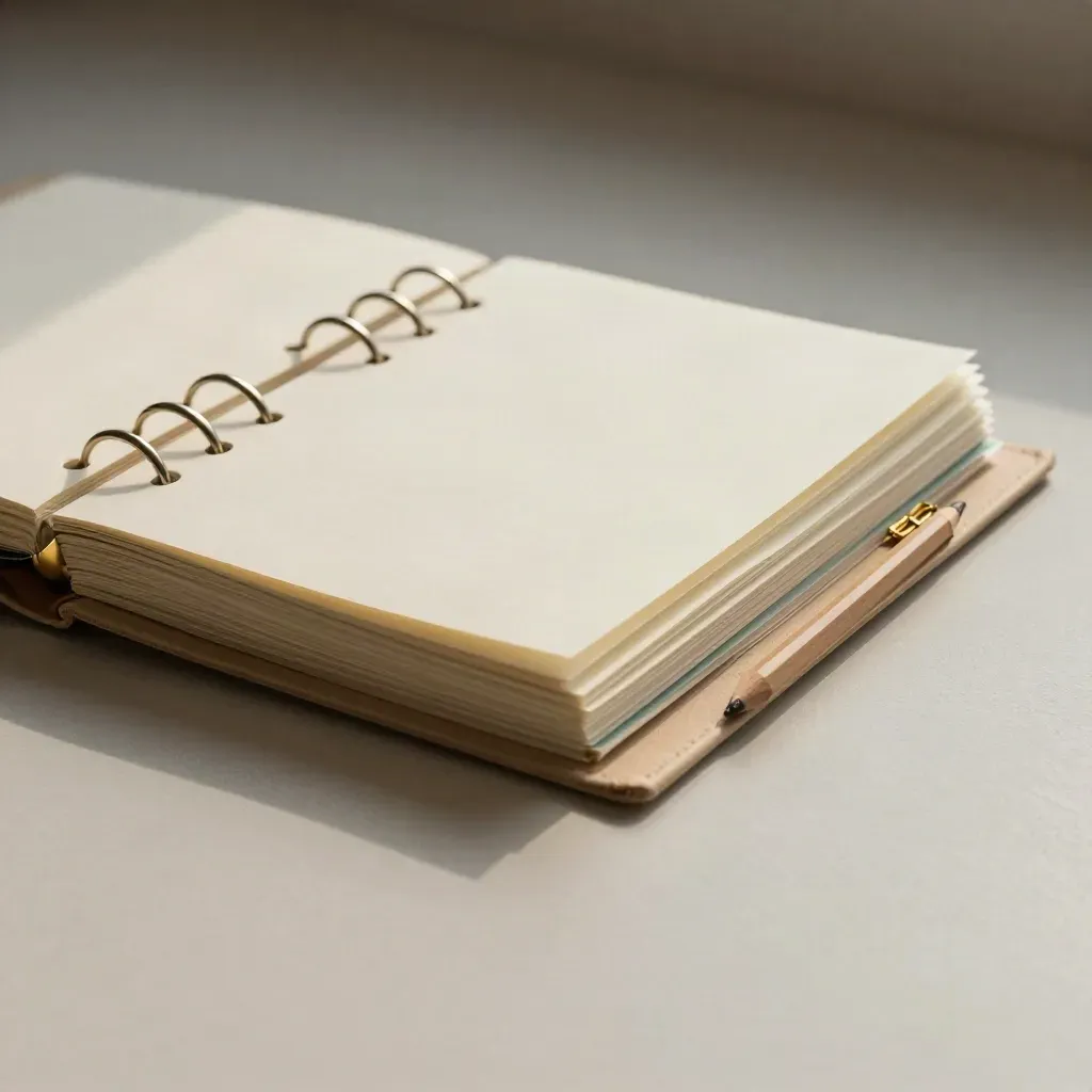 Open planning binder with dividers, colour chips and brass clips on a pale plaster surface.