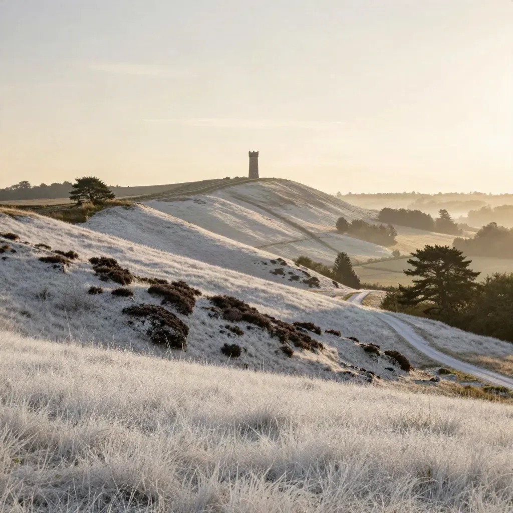 Hazy Surrey chalk downs with a distant tower and open grassy foreground