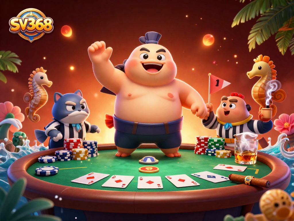 Engage with thrilling poker action at SV368 featuring a cartoon blowfish and whimsical ocean elements.