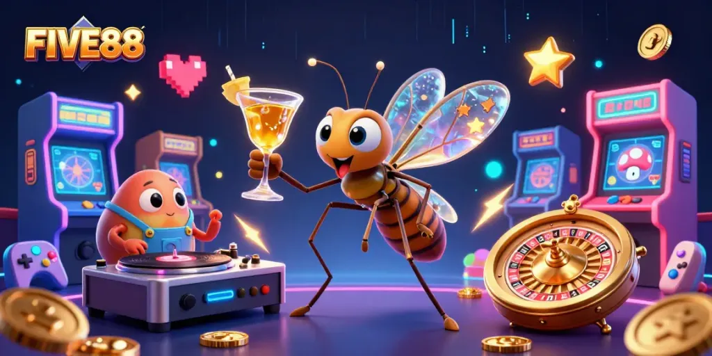 Experience thrilling games at FIVE88 with a triumphant mosquito mascot and a vibrant casino atmosphere.