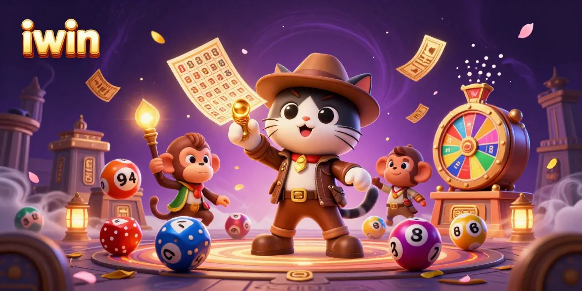 iwin showcases an engaging scene with a treasure-hunting cat, dynamic lottery balls, and festive casino decor.