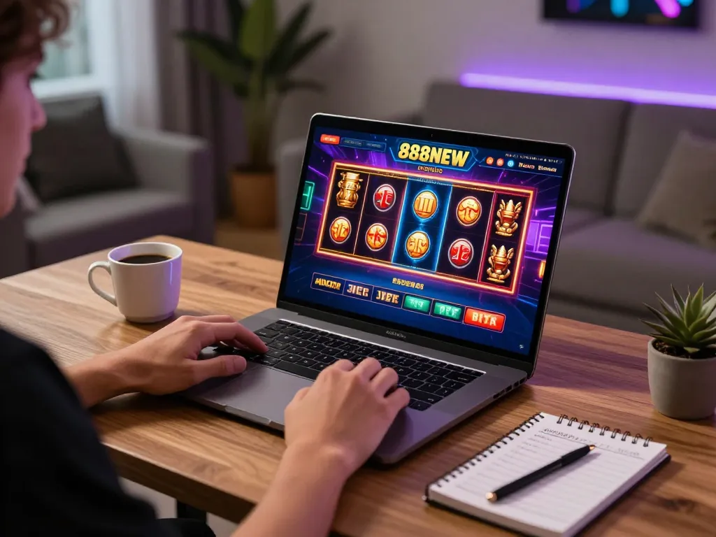 Player engaging with the latest 888NEW slot games on a sleek laptop in a cozy gaming space for optimal experience.