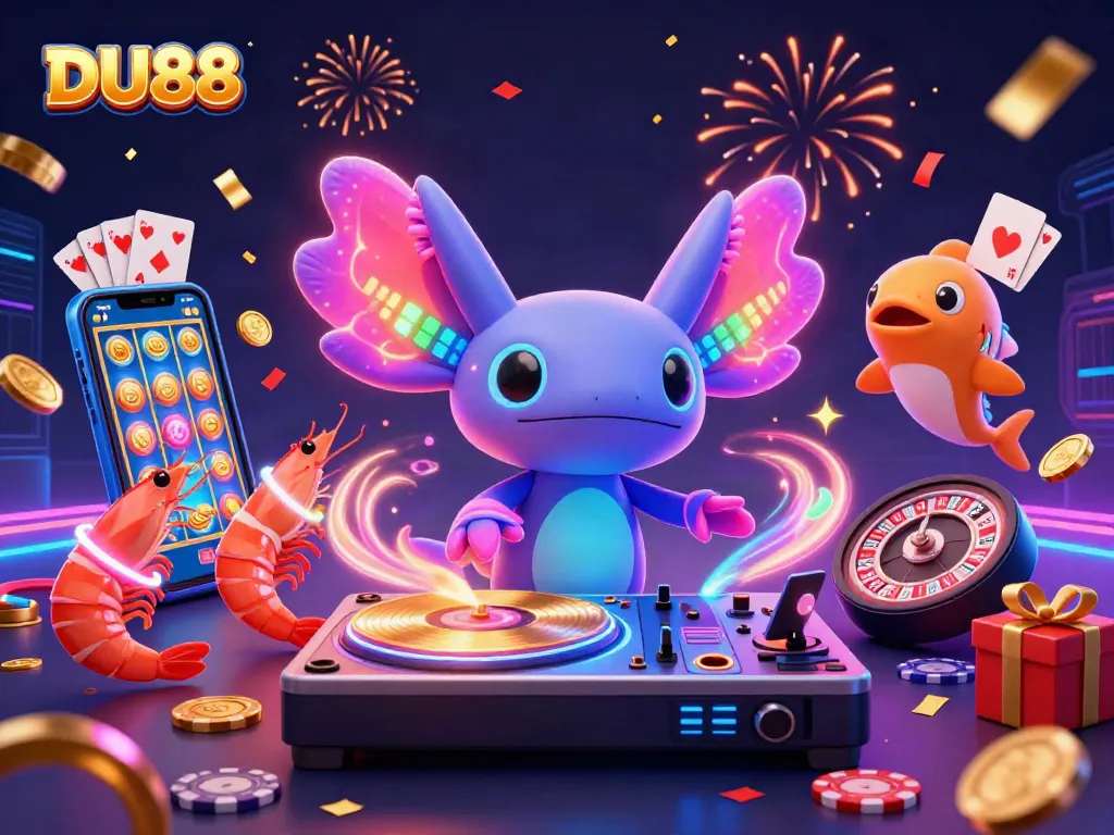 Engage with DU88 while experiencing vibrant 3D cartoon casino art featuring a neon axolotl DJ and gaming elements.