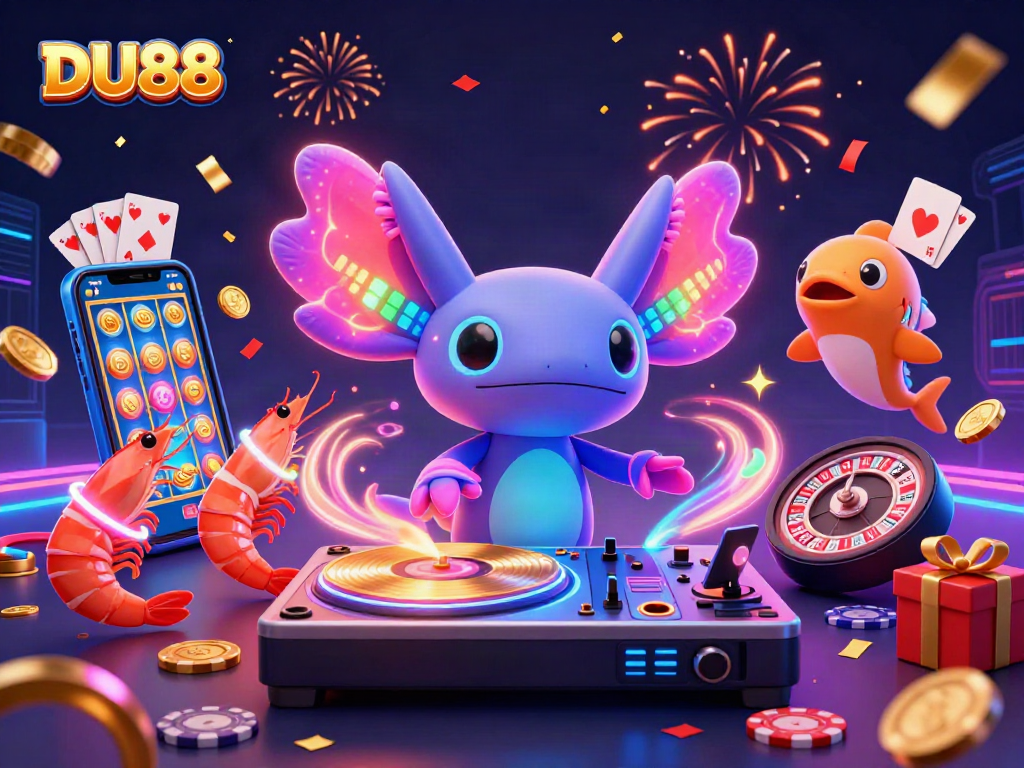 Engage with DU88 while experiencing vibrant 3D cartoon casino art featuring a neon axolotl DJ and gaming elements.