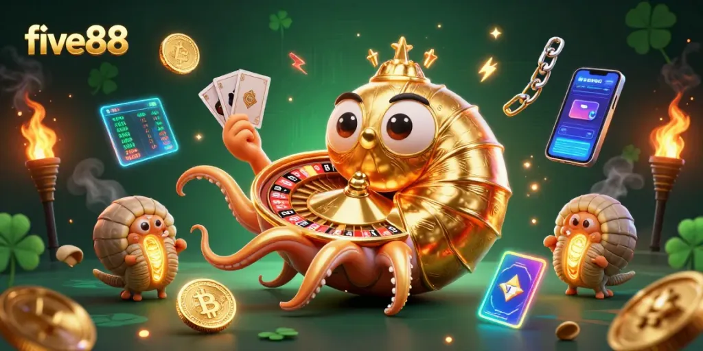 Experience the thrill of five88 with a dazzling casino scene featuring a giant nautilus roulette wheel.