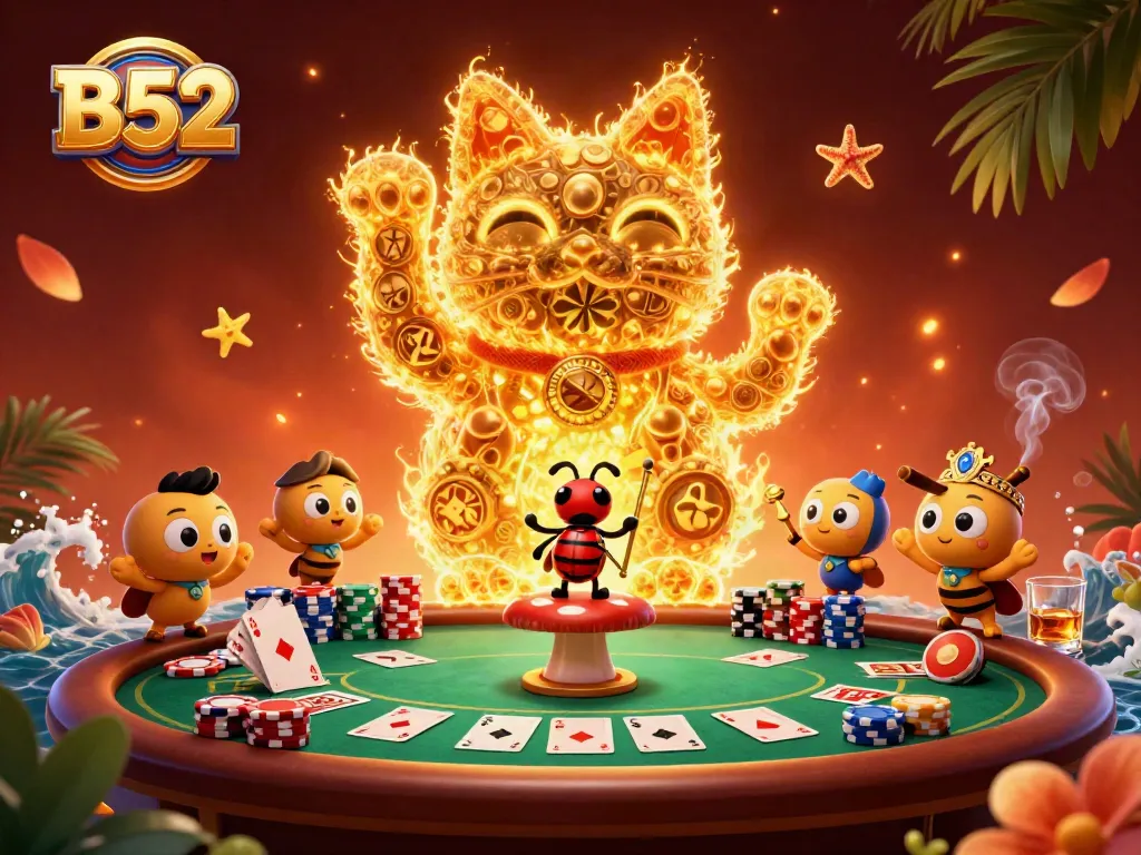 Experience the B52 casino charm with a lucky cat and vibrant poker elements illuminating the game.