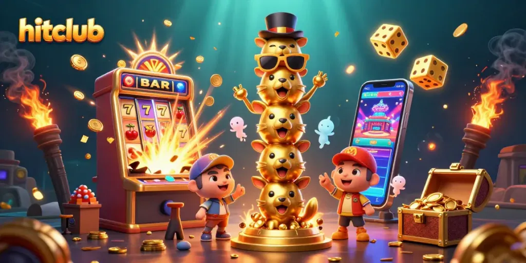 Hitclub's lively jackpot scene featuring 3D characters, coins, and vibrant casino elements.