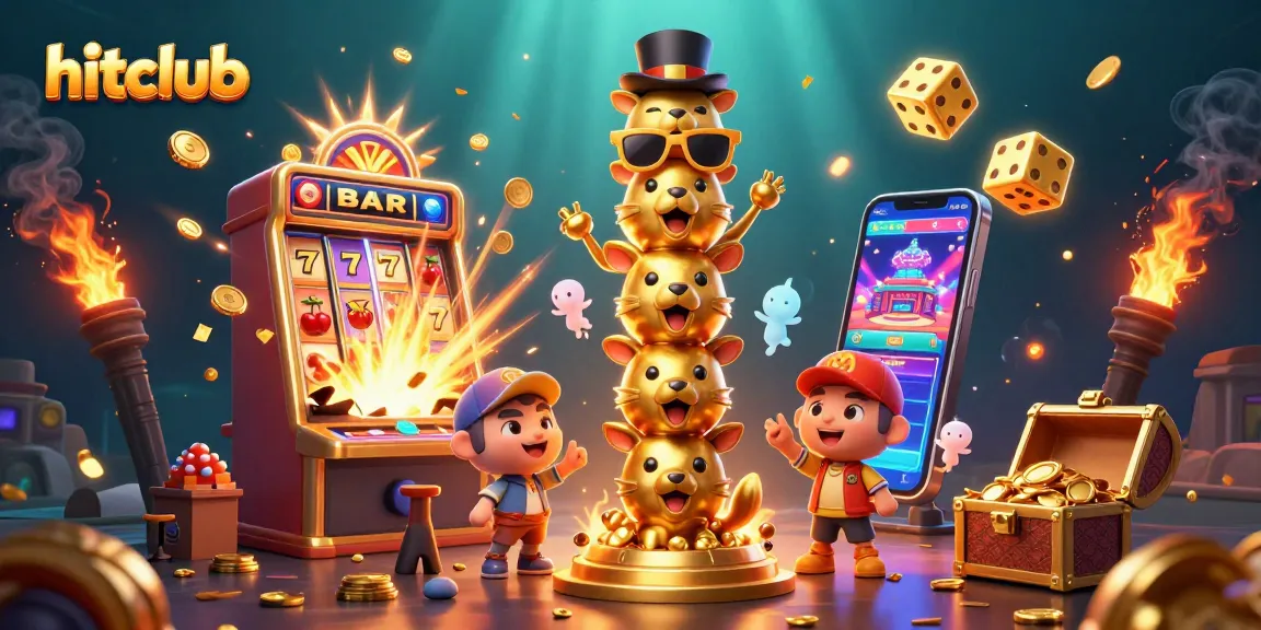 Hitclub's lively jackpot scene featuring 3D characters, coins, and vibrant casino elements.