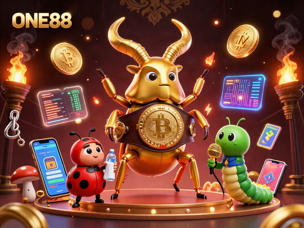 ONE88 showcases a giant golden stag beetle in a heavyweight boxing belt, symbolizing winning strategies in online gaming.