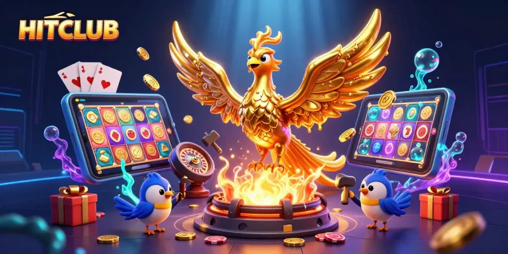 Engage in thrilling games at HITCLUB with golden phoenix unleashing coins from a smartphone.