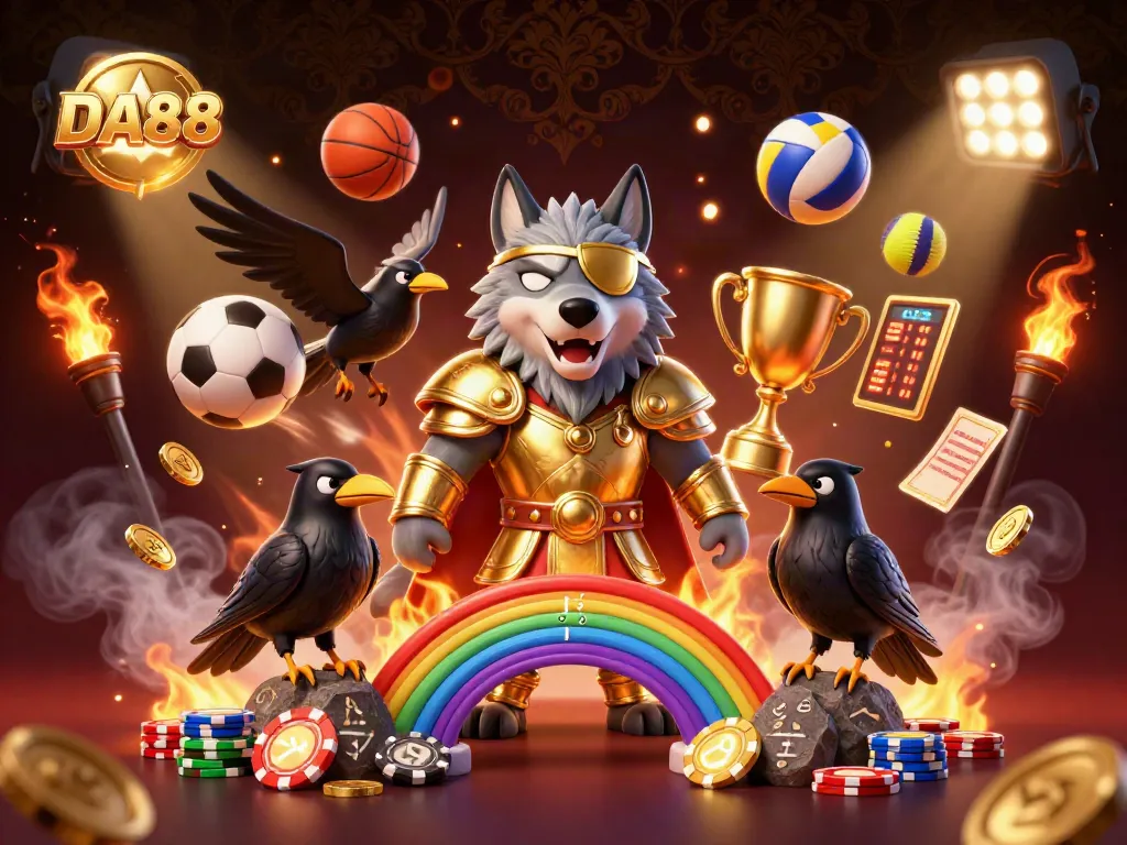 DA88 showcases thrilling sports betting excitement with Odin and his ravens on a vibrant casino bridge.