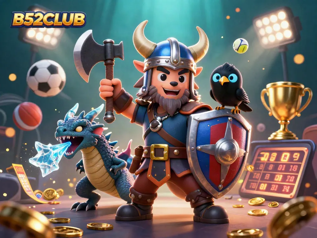 B52CLUB offers exciting gaming experiences with a Viking wolf warrior, dragon, and sports elements.