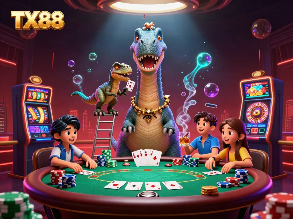 TX88 casino scene with a giant brontosaurus, clever raptor dealing cards among vibrant game elements.