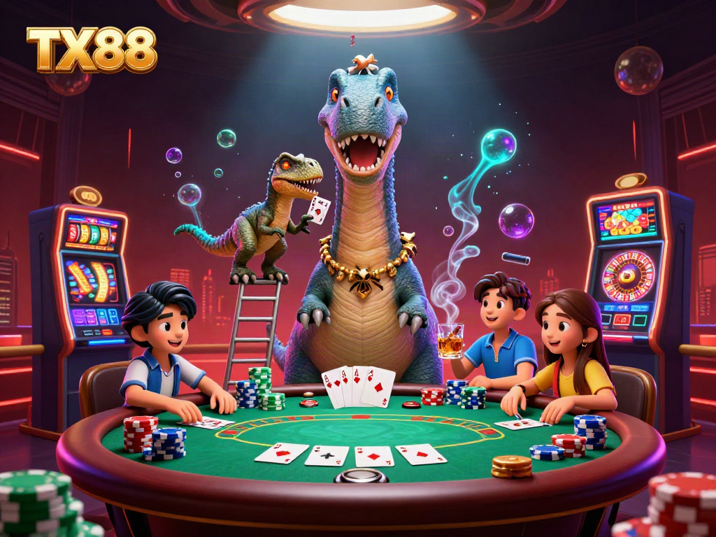 TX88 casino scene with a giant brontosaurus, clever raptor dealing cards among vibrant game elements.
