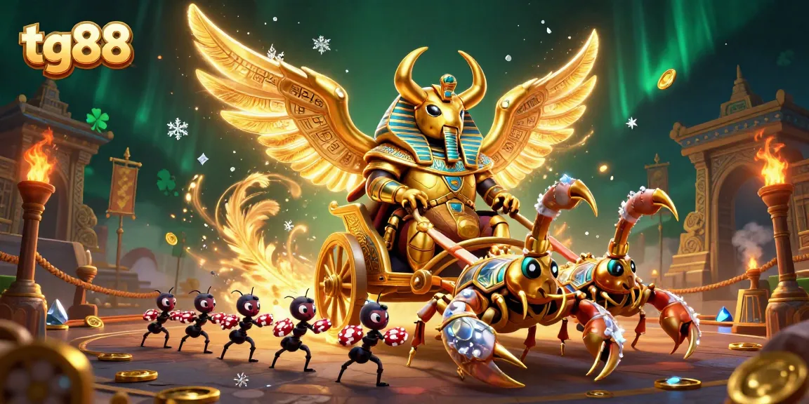 Experience tg88 with a dynamic scene featuring golden scarabs and poker chips in an exciting casino setting.
