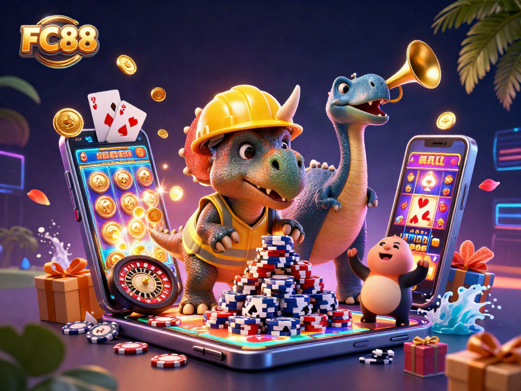 Experience the excitement of FC88's vibrant gaming scene with colorful slot games and celebrating dinosaurs.
